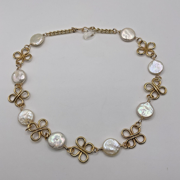 Designer Coin Pearls Necklace Gold Plated Knot Design 16 In Choker Signed - Picture 4 of 7